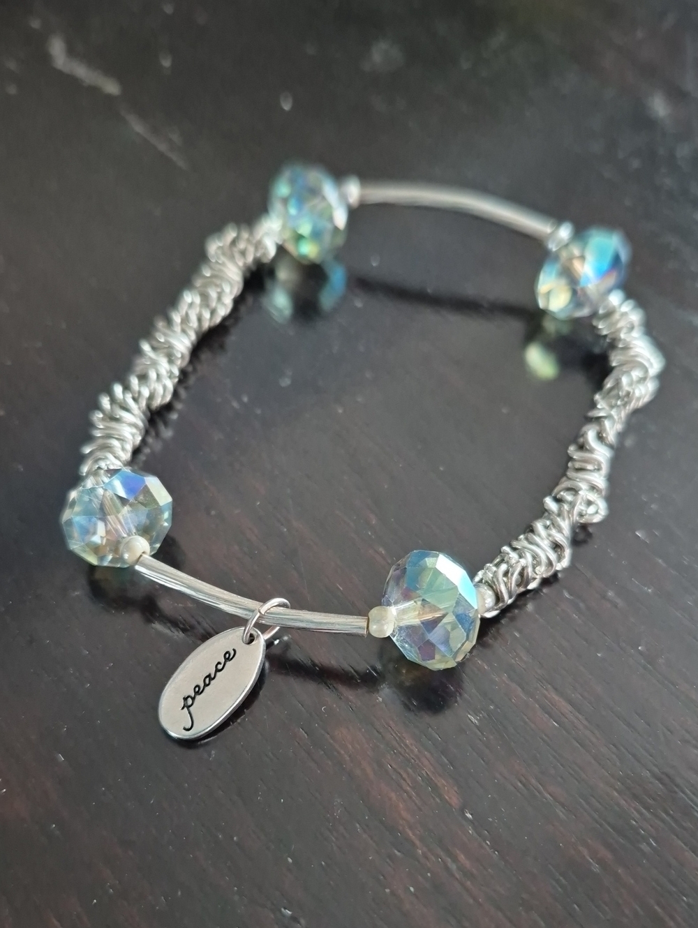 Crystal Bead Silver-Tone 'Peace' Charm Bracelet - Iridescent Blue